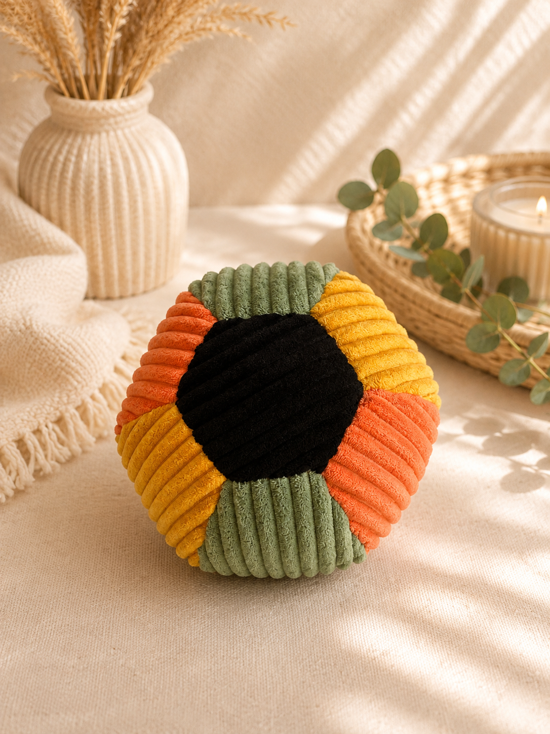 großer Ball aus Cord orange / gelb / grün / schwarz