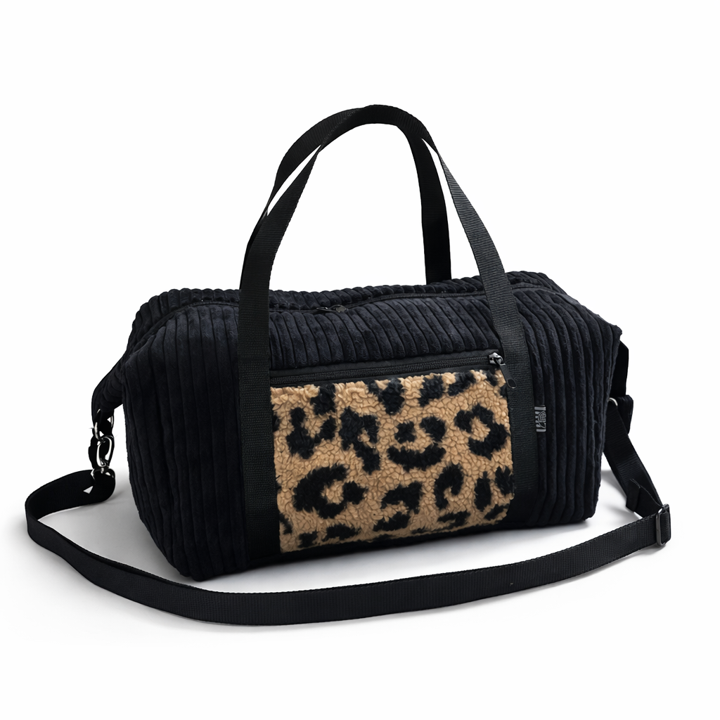 Sofortkauf | kleine Reisetasche Teddyplüsch Leo mit Samtcord schwarz