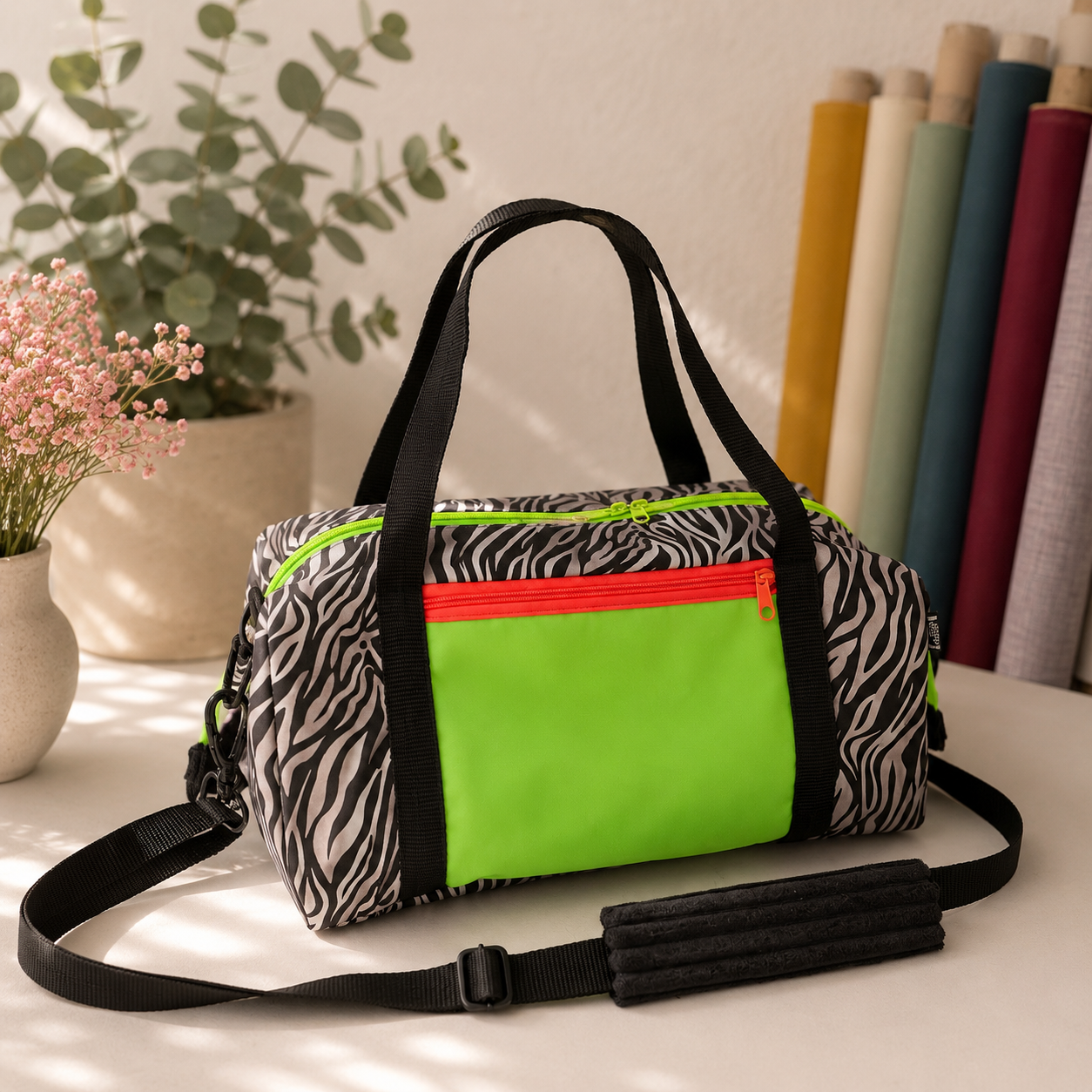 Sofortkauf | kleine Reisetasche Zebra neon grün / neon orange