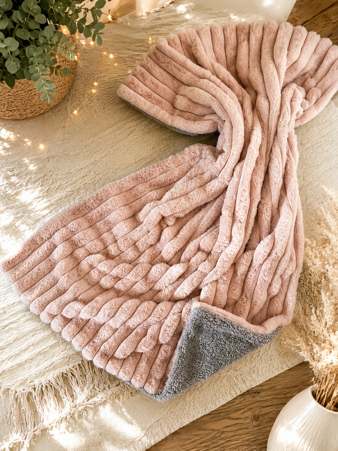 Kuschelkollektion aus Wellnessfleece rosa mit grau