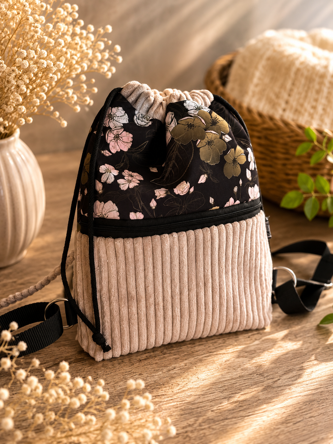 Sofortkauf || Gassirucksack Blüten schwarz mit altrosa