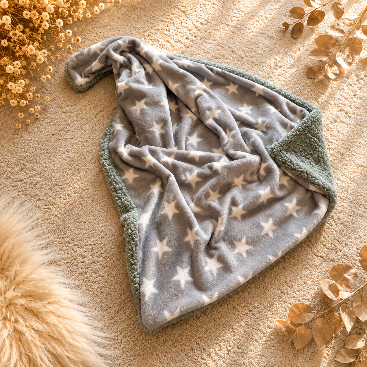 Kuschelkollektion Wellnessfleece Sterne grau / weiß mit mint