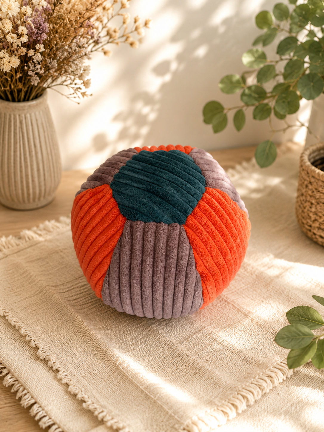 großer Ball aus Cord orange / altrosa / petrol