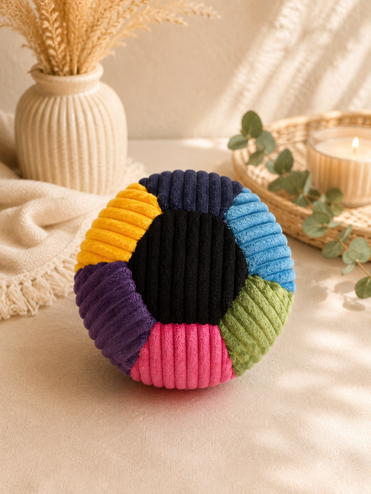 großer Ball aus Cord dunkelblau / gelb / lila  pink / grün / leuchtende blau / schwarz