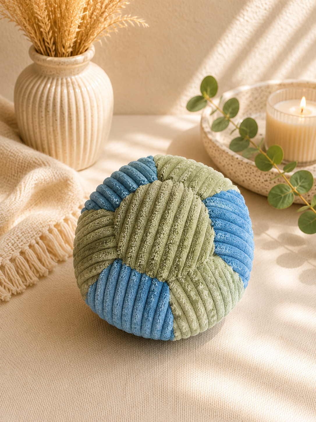 großer Ball aus Cord grün / leuchtendes blau