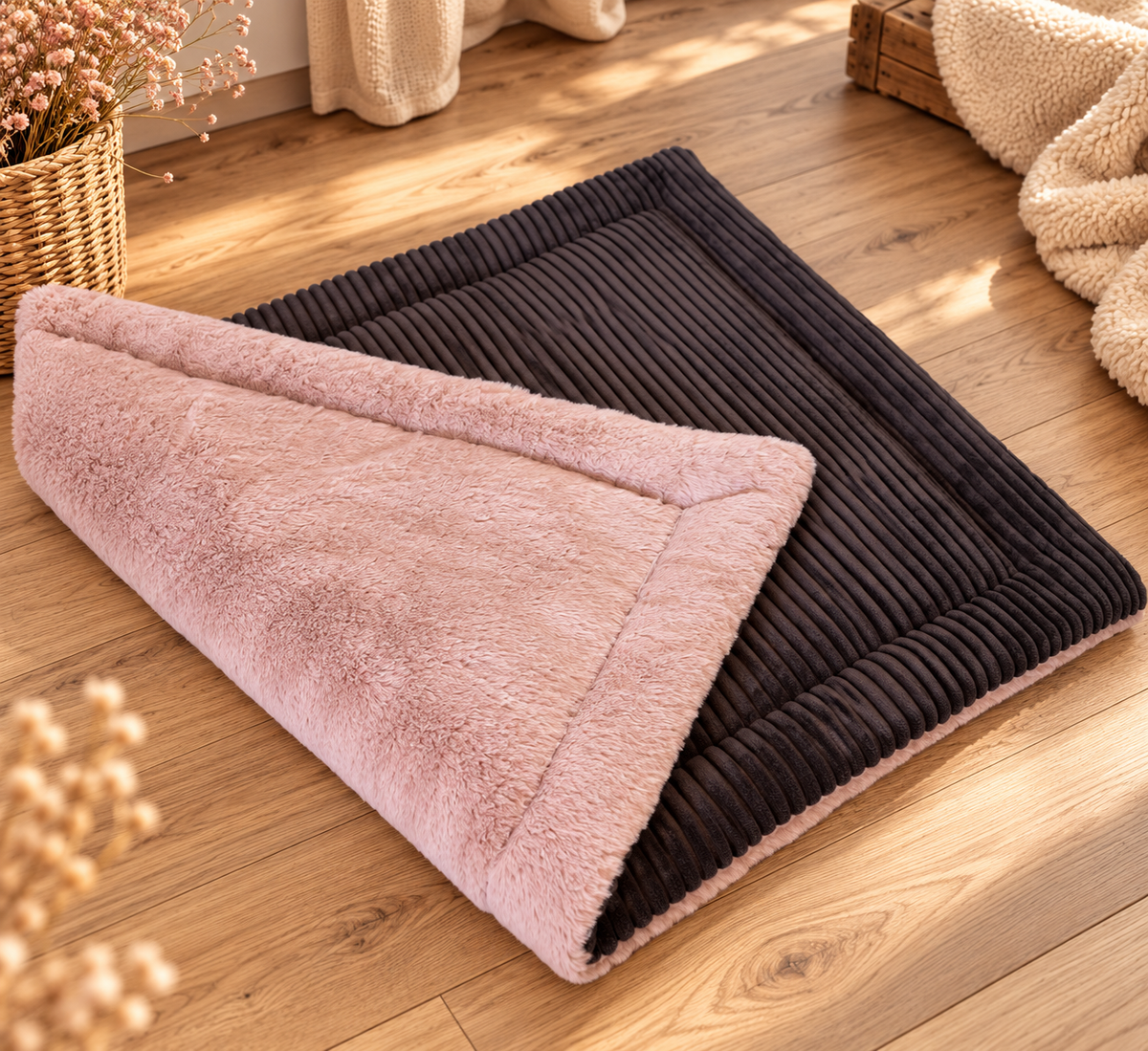Liegeplatz aus Cord 60 x 80 cm * braun mit Kuschelstoff rosa * fertig & direkt verfügbar