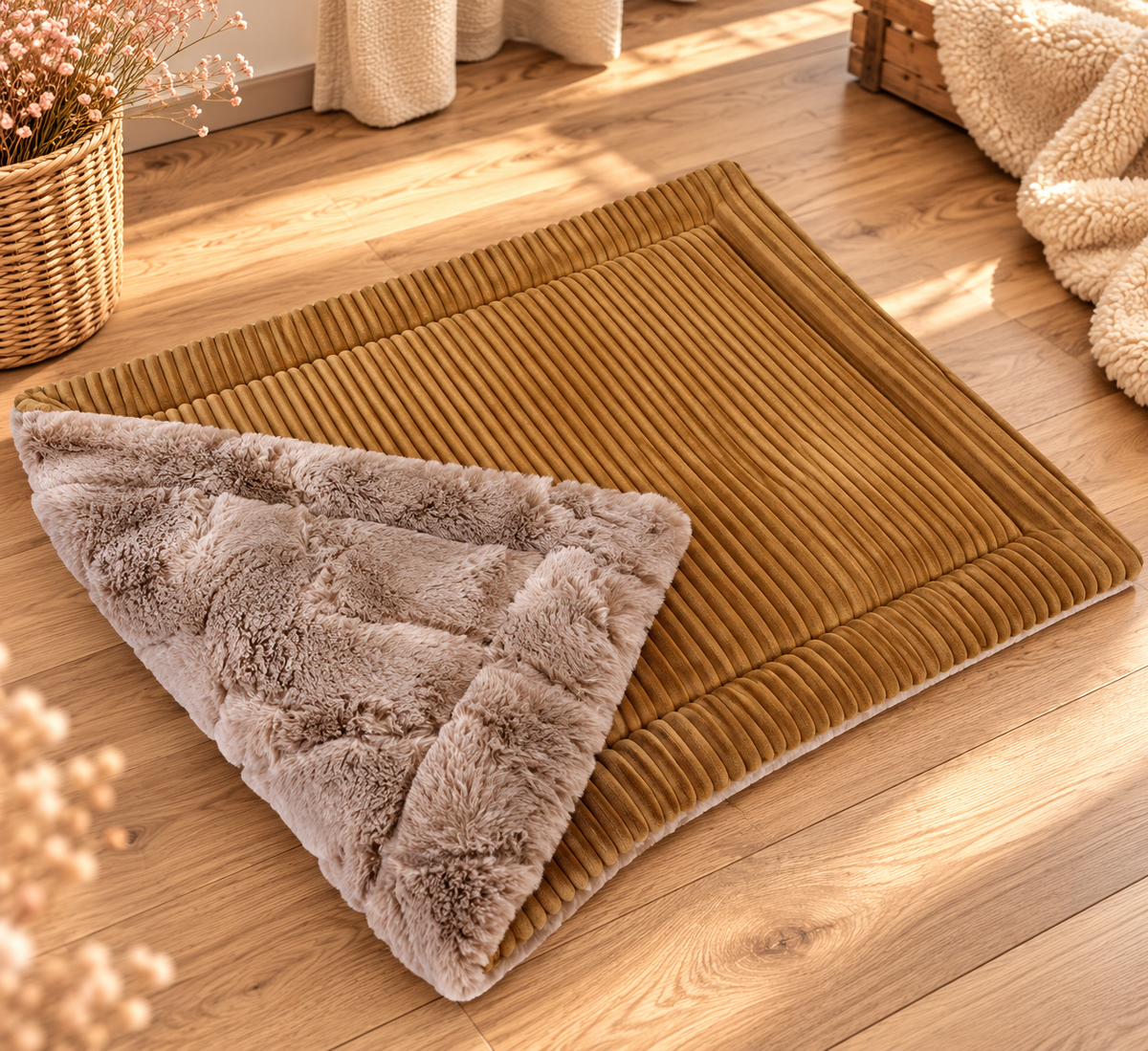 Liegeplatz aus Cord 50 x 60 cm * senfgelb mit Fellimitat braun * fertig & direkt verfügbar